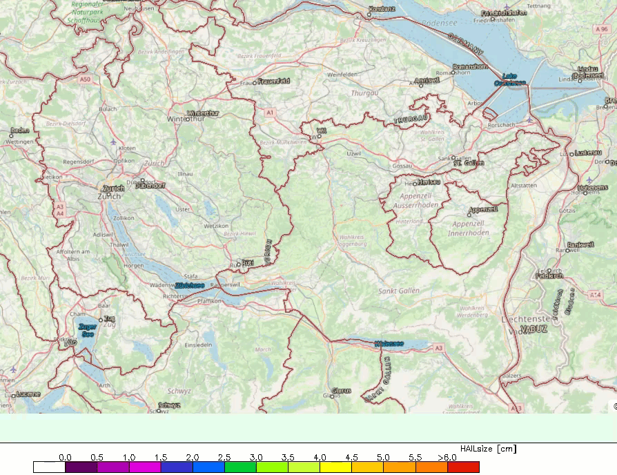 Über die MeteoSwiss App eingegangene Hagelmeldungen zwischen 13:30 und 15:30 Uhr. Im Raum ums Goldinger Tal wurden insgesamt die grössten Hagelkörner gemeldet (Hagelkorngrösse gemäss der Farbskala), was sehr gut mit der Radaranalyse übereinpasst. 