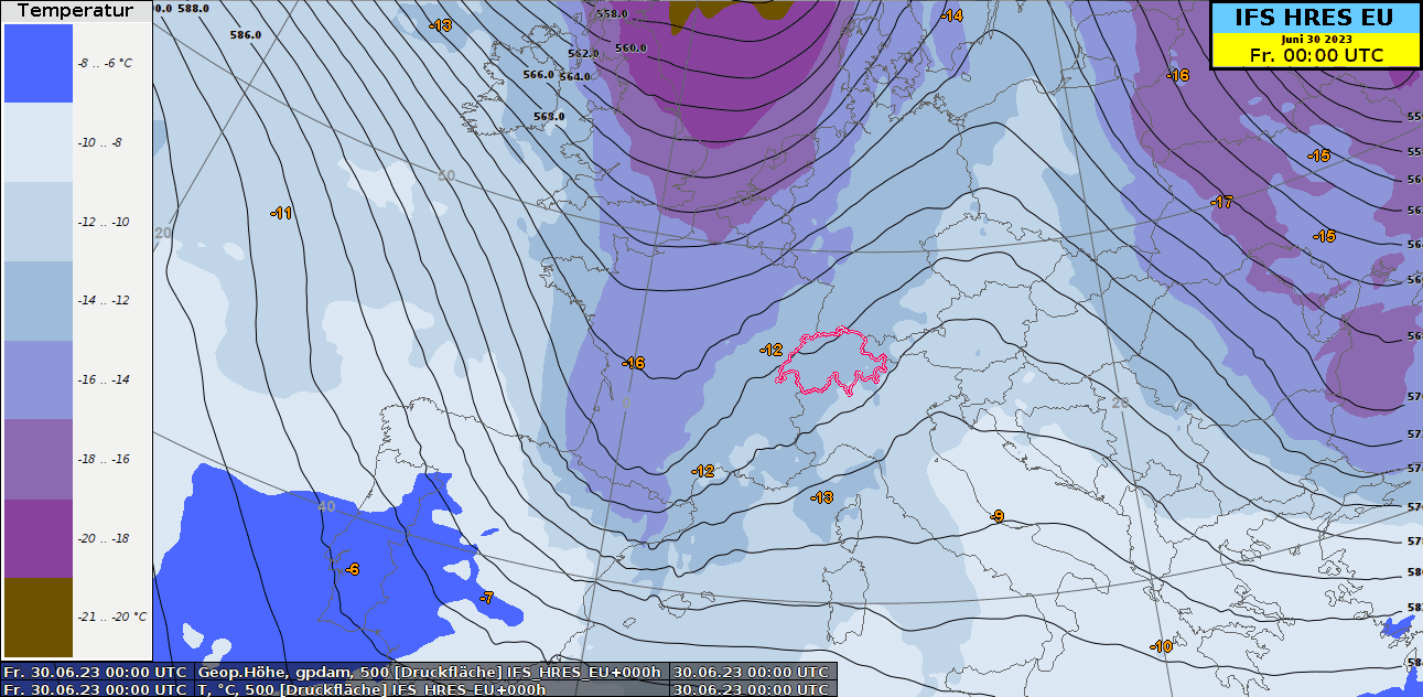3-stündlich animierte Höhenwetterkarte auf 500 hPa (ca. 5700 m) von Freitag, 30. Juni 2023, 00 UTC bis Samstag, 1. Juli 2023, 12 UTC aus dem europäischen Prognosemodell. Dargestellt ist die Temperatur (Farbflächen) und das Geopotential (schwarze Linien)