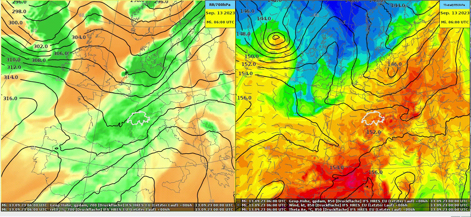 Animation von Mittwoch 00 UTC bis Donnerstag 12 UTC. In der linken Bildhälfte ist die Feuchtigkeit und das Geopotential auf 700 hPa (rund 3000 Meter) dargestellt. In der rechten Bildhälfte ist das Geopotential, der Wind und die ThetaE (ein Mass für die Feuchtigkeit und Temperatur einer Luftmasse) auf 850 hPa (rund 1500 Meter) dargestellt.