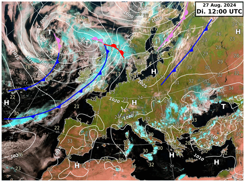 Grosswetterlage mit Bodendruck, Fronten und Satellitenbild von Dienstag, 27.08.2024 bis Samstag 31.08.2024. Quelle: MeteoSchweiz