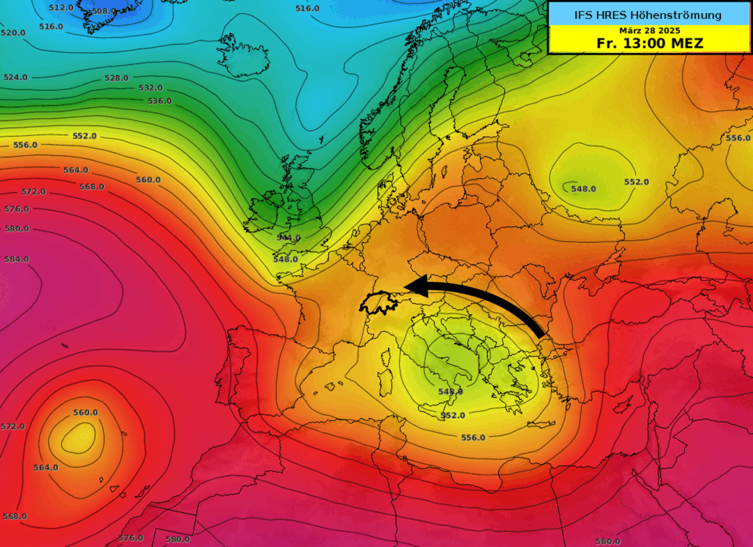 Höhenströmung über Europa vom Freitag 28.03.2025 bis Montag 07.04.2025. Quelle: MeteoSchweiz, ECMWF/IFS