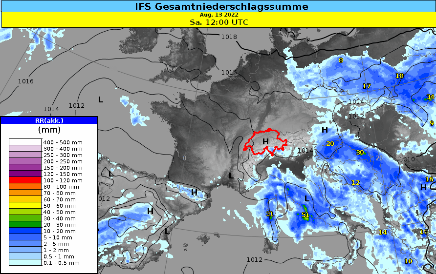 Animation der Gesamtniederschlagssumme bis am Samstag, 20.08.2022 nach dem europäischen IFS-Modell des ECMWF.