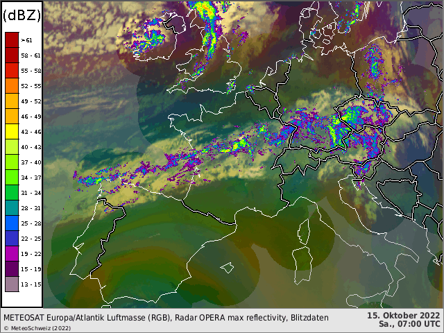 Animation Satelliten- und Radarbild Europa, 10 bis 13 Uhr. Die Frontalzone liegt knapp nördlich der Schweiz.