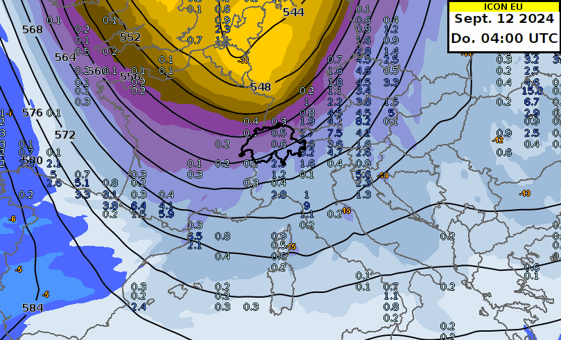 Verlauf des Kaltluftvorstosses aus Norden mit dem IFS-Modell, dargestellt durch das Geopotential und die Temperatur auf 500 hPa, sowie die 6-stündige Niederschlagssumme.