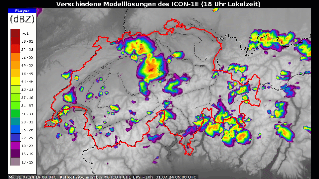 Kartenausschnitt der Schweiz mit farbig markierten, simulierten Radarreflektivitäten.