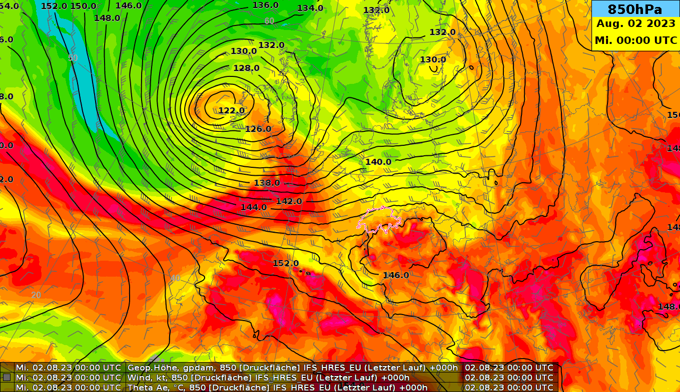 Animation der ThetaE (ein Mass für Feuchtigkeit und Temperatur einer Luftmasse) auf 850 hPa, rund 1500 Meter über Meer. Die sehr warme Luft von heute wird am Abend durch die Kaltfront verdrängt.