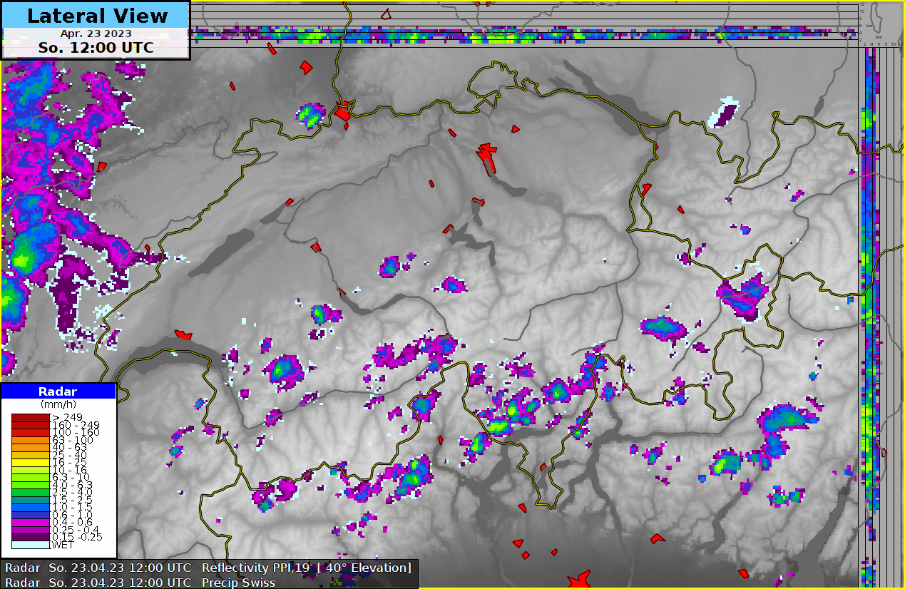 Animation der Radarbilder von Gestern 23.4.23 zwischen 12 und 18 UTC resp. 14 bis 20 Uhr Lokalzeit. Die Gewitterzelle zwischen 14:15 und 14:45 UTC über Luzern war relativ Blitzintensiv, ebenso die Gewitterzelle zwischen 16 und 16:30 UTC in der Ostschweiz. 