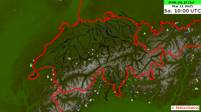 Animation der Reflektivität (Radar-Niederschlag) des ICON-CH1-EPS am 11.05.2025 10 bis 22 UTC.
