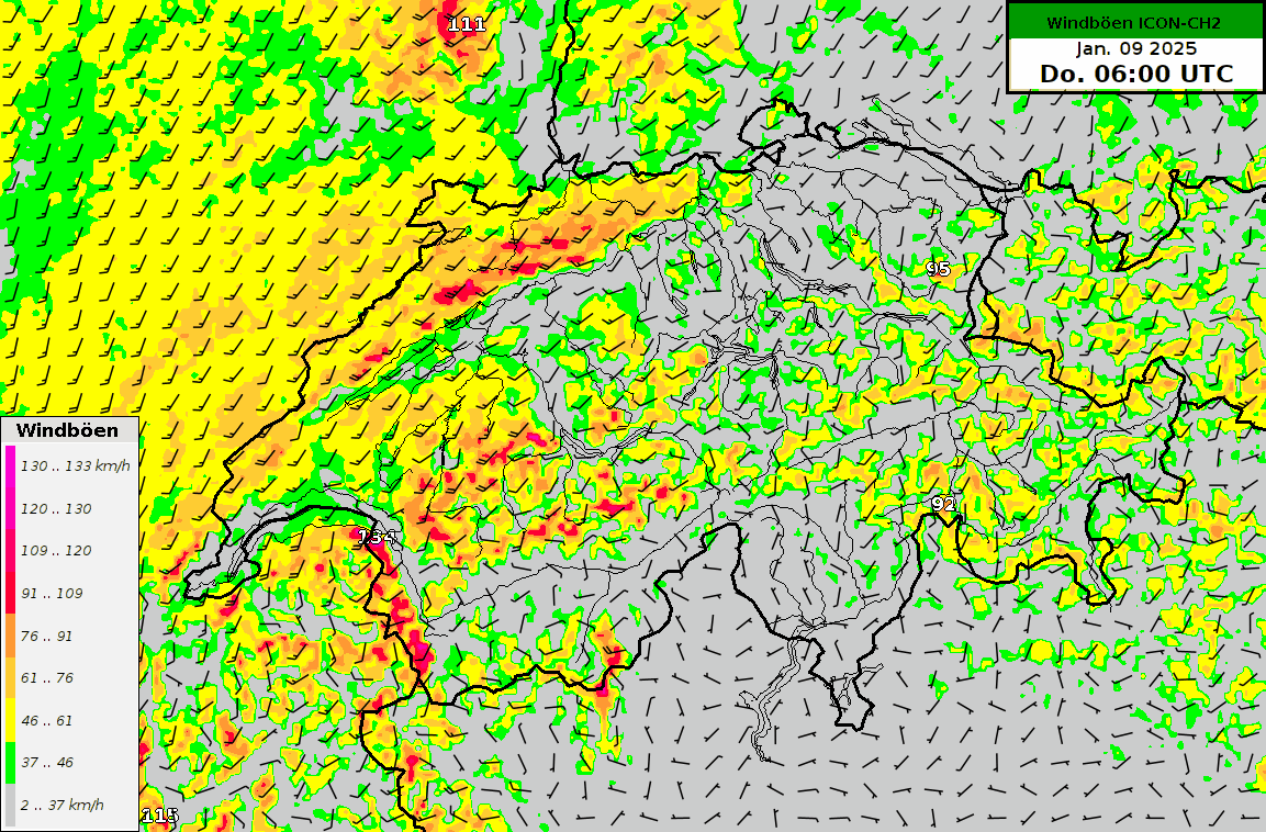 Vorhersage der Böenspitzen für Donnerstag, 09.01.2025 in 3-Stunden-Schritten nach dem Modell ICON-CH2. Quelle: MeteoSchweiz