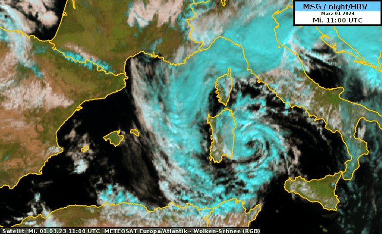 Die Animation des sichtbaren Kanals von MeteoSat zeigt «Juliette» am 01.03.2023 und lässt über dem Tyrrhenischen Meer im Zentrum des Tiefs ein kleines «Auge» erkennen.