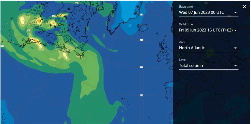 Animation mit Kartenausschnitt des westlichen Nordatalantiks und Kanada, welche die Ausbreitung der CO-Wolke zeigt.