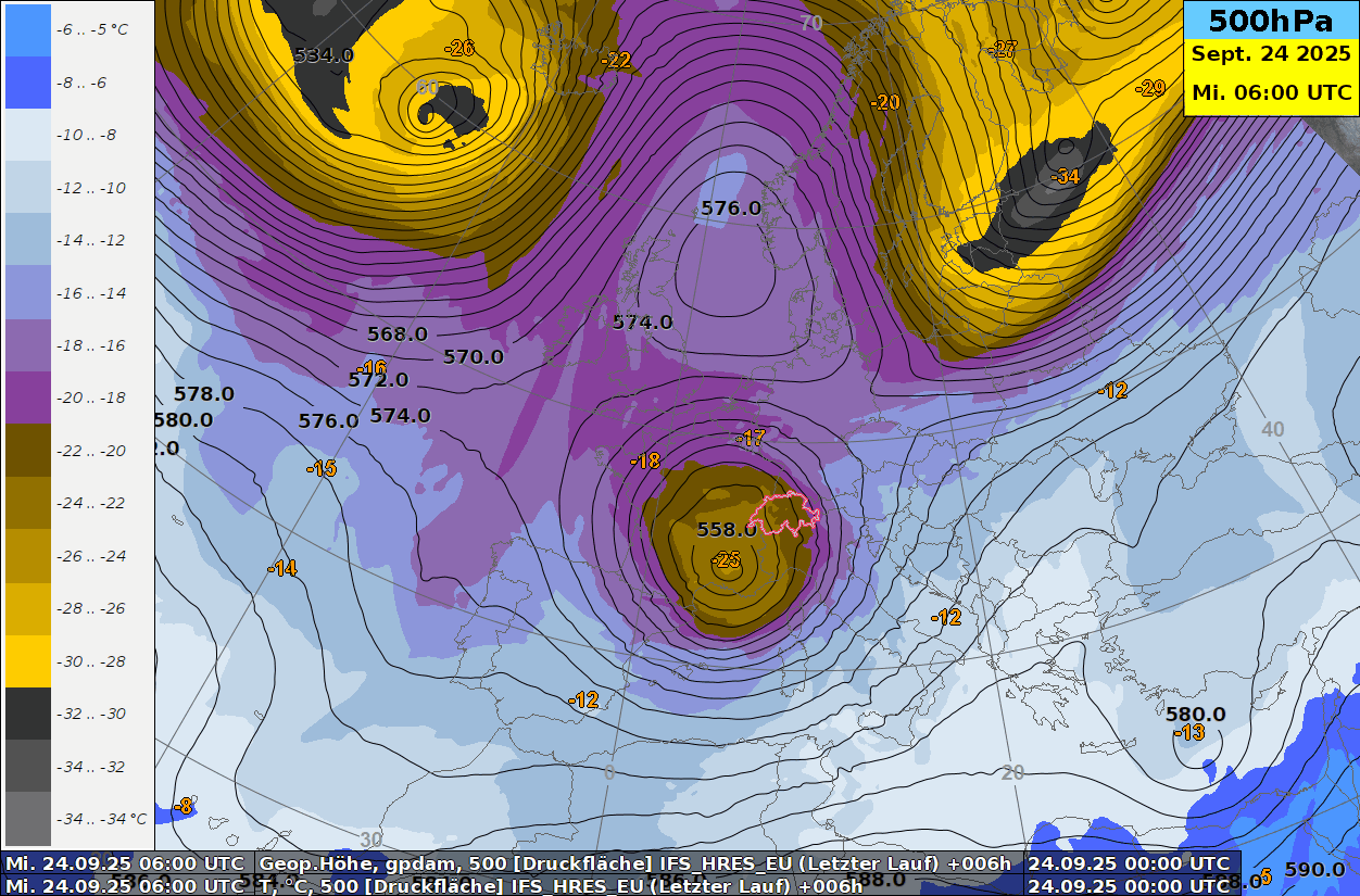 Entwicklung der Wetterlage für die kommenden Tage anhand der Höhenwetterkarte auf 500 hPa. Dargestellt ist das Geopotential (schwarze Linien) und die Temperatur (Farbflächen). Bis und mit Samstag bleibt das Höhentief für unser Wetter bestimmend.