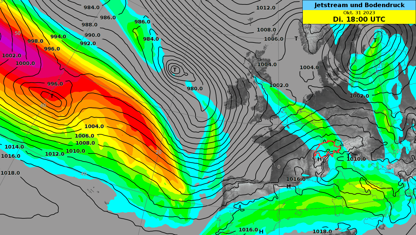 Animation des Bodendrucks (schwarze Isobaren) und des Jetstreams in etwa 9 Kilometern Höhe (eingefärbt) von Dienstagabend, 31.10.2023 bis Donnerstagmorgen, 02.11.2023. «Ciarán» entwickelte sich unter dem linken Jetausgang sehr schnell zu einem Orkantief. Quelle: ECMWF-Modell/MeteoSchweiz