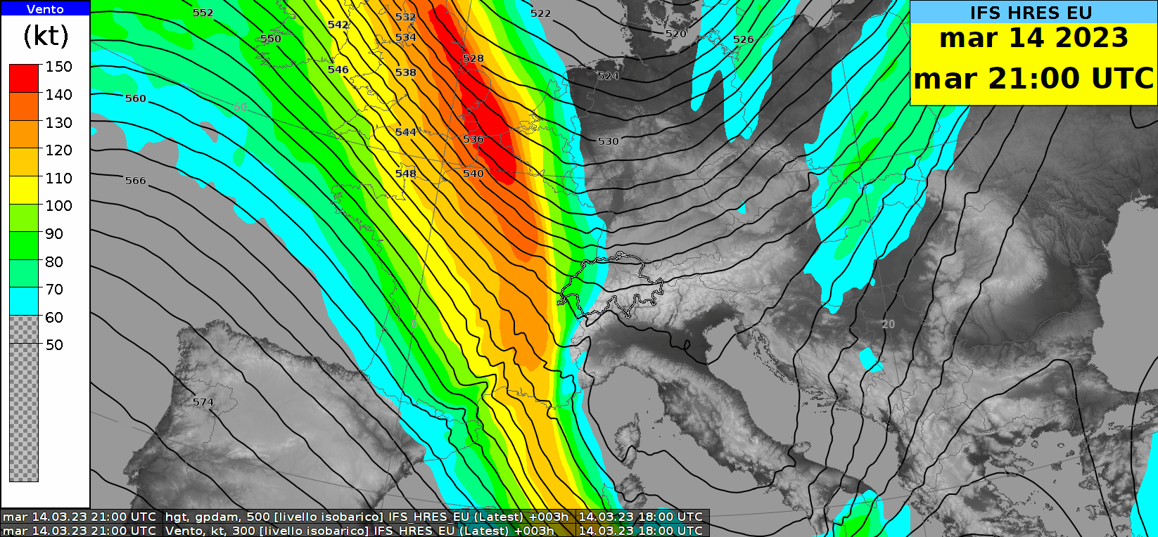 Animation des Geopotentials auf der 500 hPa Fläche (schwarze Kurven) und Windgeschwindigkeit in kt auf 300 hPa (Farbbereiche). 