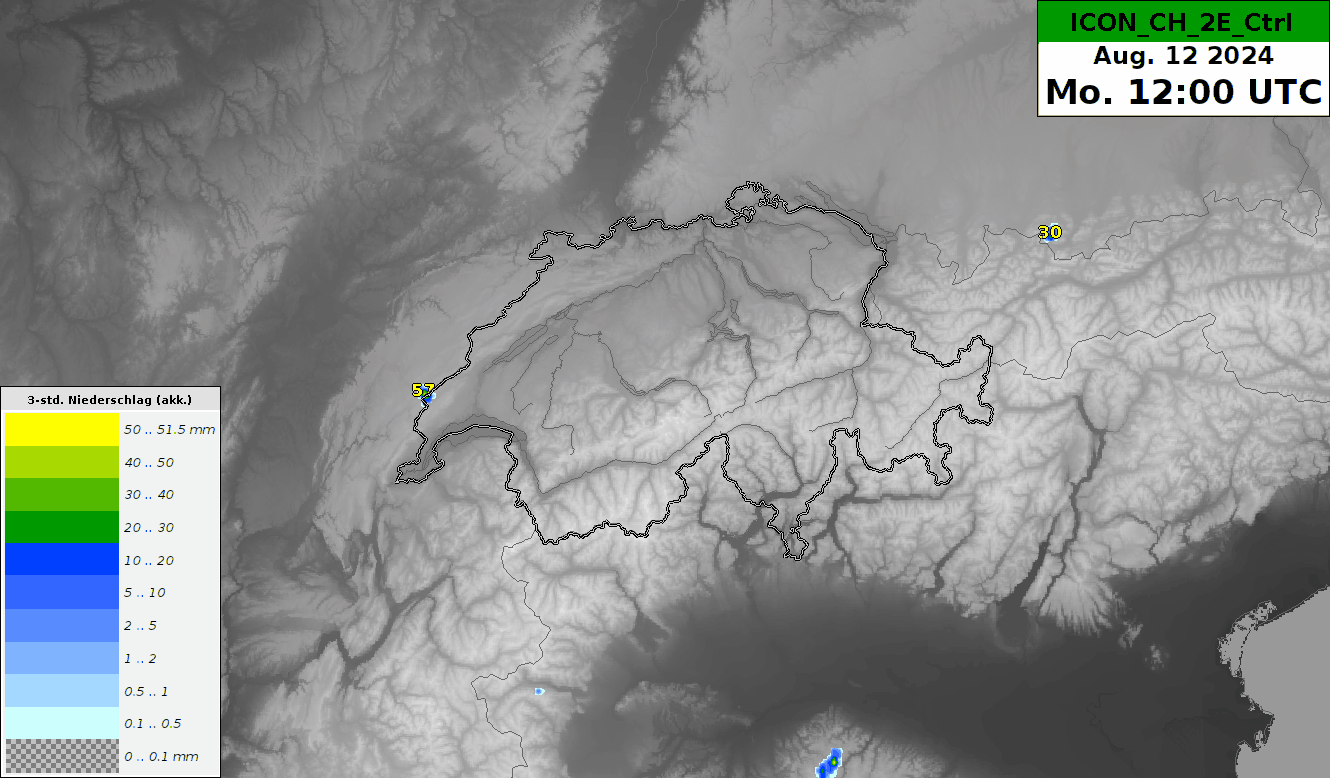 Niederschlagsprognose in 3h-Schritten von Montag 12:00 bis Dienstag 00:00 UTC des ICON-CH-2E Modells. 06.00 UTC Lauf vom Sonntag, 11. August 2024.