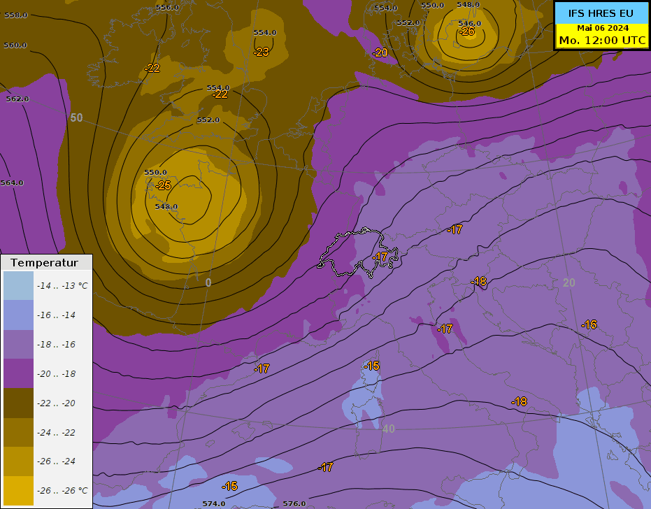 Höhenwetterkarte mit Geopotential (schwarze Linien) und Temperatur (Farbflächen) auf 500 hPa (ca. 5500 m) von Montag, 6. Mai 2024, 12.00 UTC bis Donnerstag, 9. Mai 2024, 00.00 UTC. Das Höhentief verlagert sein Zentrum von der Bretagne in den Mittelmeerraum und sorgt im Alpenraum für teils kräftige Niederschläge.