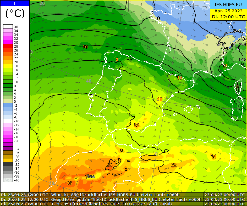 Vorhersage der Lufttemperatur auf 850 hPa (ca. 1500 m ü.M.) zwischen Dienstag, 25.4.23 12 UTC und Sonntag, 30.4.23 0 UTC gemäss dem europäischen Wettermodell IFS. Die heisseste Luft liegt demnach am 27./28.4.23 über Spanien. 