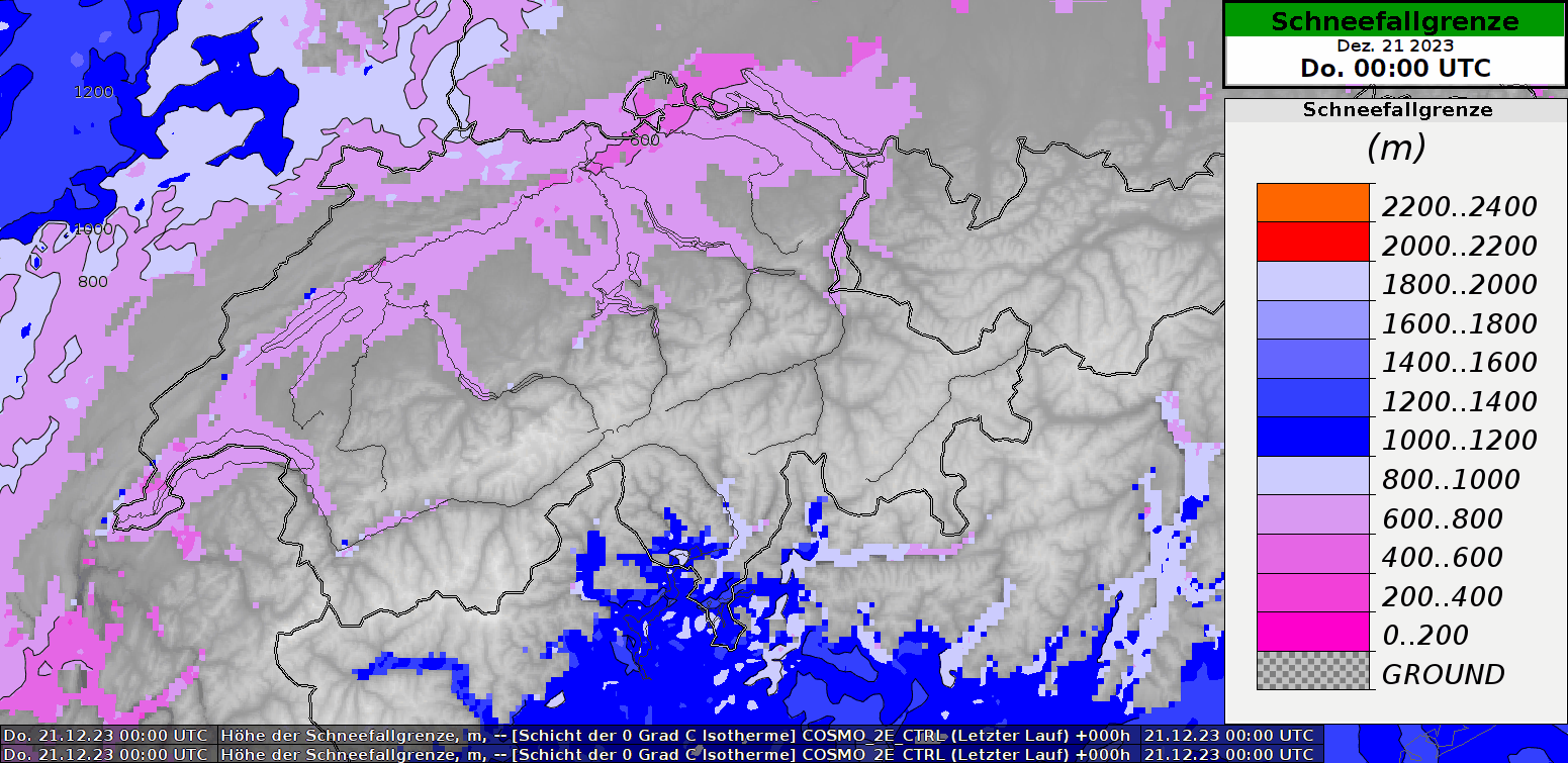 Verlauf der Schneefallgrenze zwischen Donnerstag und Samstag, berechnet vom COSMO-2E Modell.