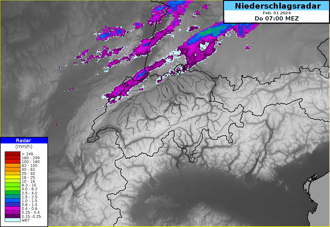Niederschlagsradar vom 1.2.2024, 7 bis 13 Uhr. Aus Norden erfasste uns eine Kaltfront, die verbreitet für etwas Niederschlag sorgte. Sie legt sich nun an den zentralen und östlichen Alpennordhang, dort fällt bis in die Nacht hinein noch etwas Regen oder ab 1100 bis 1500 Metern Schnee.