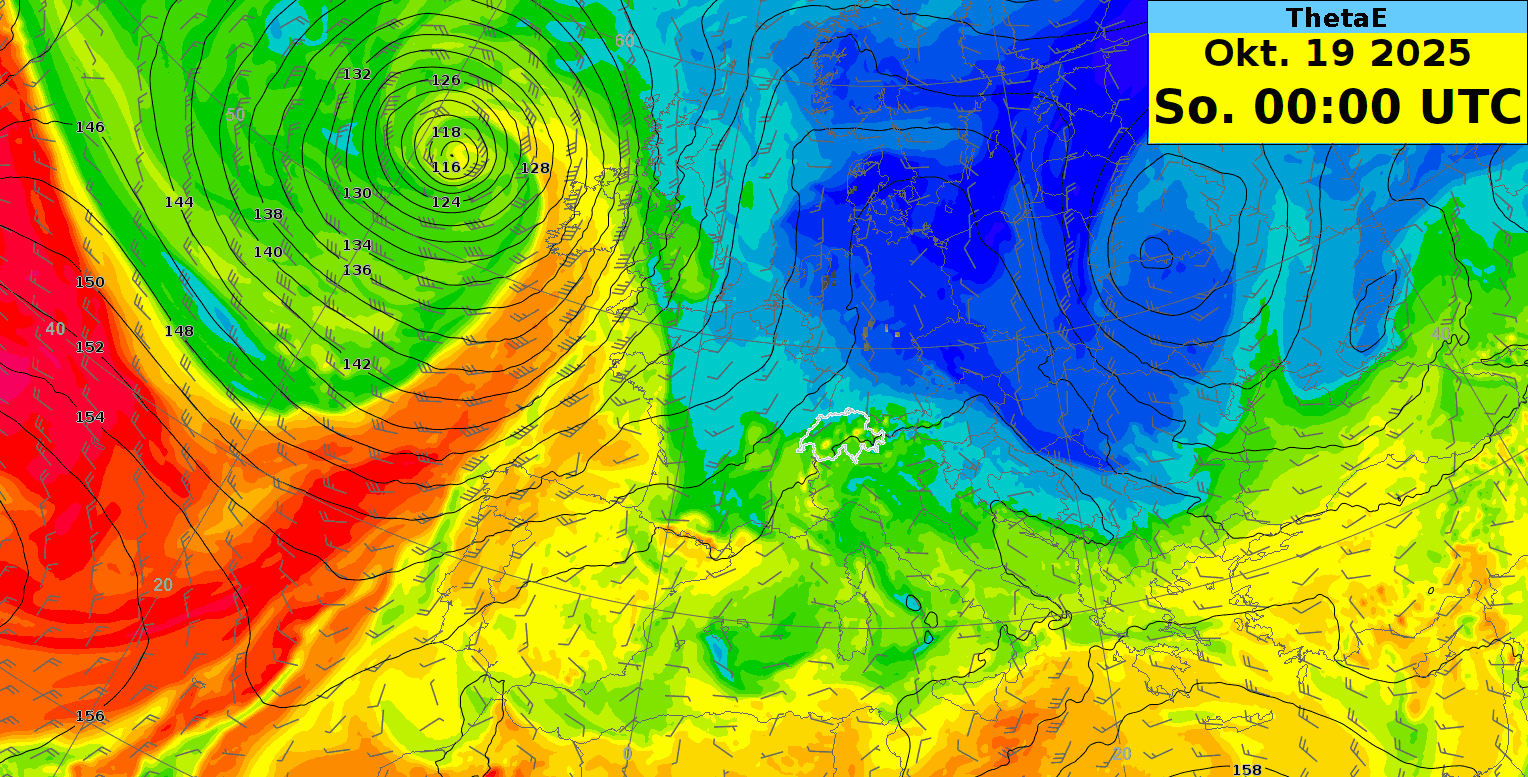Animation des Wetterablaufs der kommenden Woche. Dargestellt sind ThetaE (Mass für Temperatur und Feuchtigkeit einer Luftmasse) sowie Windfiedern auf rund 1500 Meter aus dem ECMWF Modell.