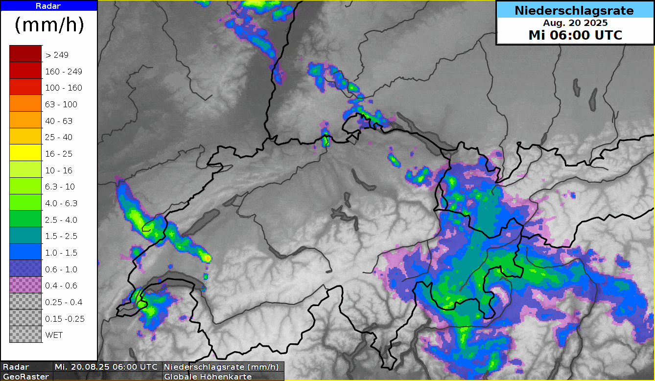 Animation der Radarbilder zwischen Mittwoch, 20.8.25 06 UTC und Freitag, 22.8.25 06 UTC. 