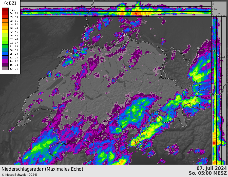 Radaranimation von heute Vormittag. Details siehe Text. Quelle: MeteoSchweiz