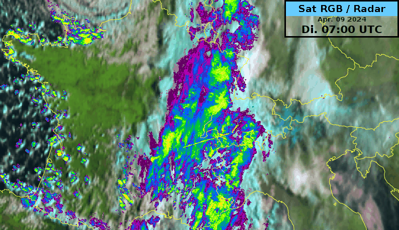 Animation des Satellitenbildes (RGB-Kanal) und des Niederschlags (Radarverbund) am 09.04.2024 von 7 bis 12 UTC. Schön erkennbar die langsame Ostverlagerung der Kaltfront wegen der südlichen Höhenströmung. Dahinter die West- bis Nordwestströmung mit Schauerzellen in der kälteren Polarluft.