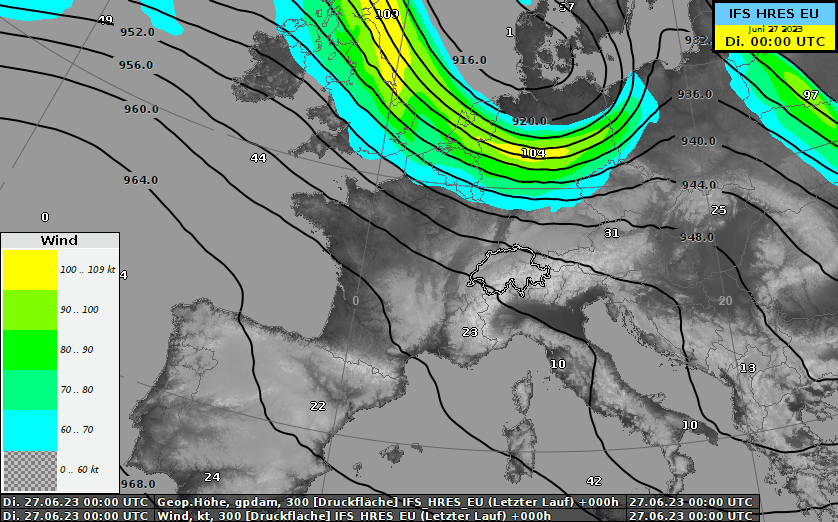 Animation des Jetstreams (in Farbe) überlagert mit dem Geopotential auf 300 hPa (rund 9560 Metern Höhe) zwischen Di 27.6.2023 00 UTC und Mo 3.7.2023 12 UTC. 