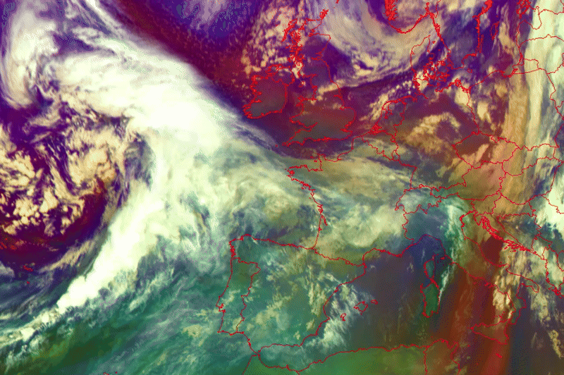 Animation des Luftmassen-Satellitenbildes (Airmass-RGB) vom Dienstag, 07.01.2025 bis Mittwoch, 08.01.2025. Quelle: Eumetsat, MeteoSchweiz