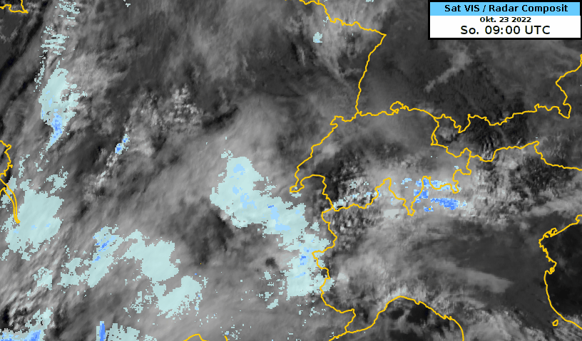 Animation des Satelliten- und Radarbildes von 9 bis 14 UTC.