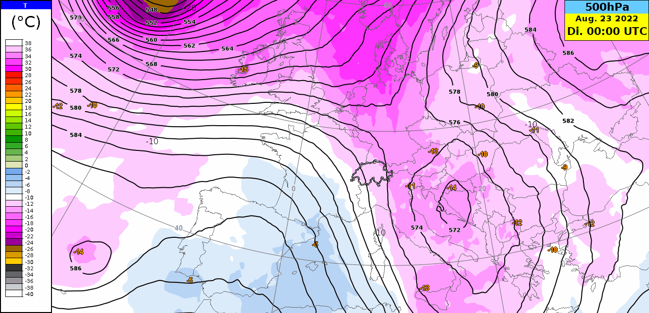 Animation der Höhenwetterkarte auf 500 hPa (ca. 5700 m) im Zeitraum von heute um 00 UTC bis Mittwoch, 24. August 2022, 18 UTC in 6-stündigen Schritten. Dargestellt ist das Geopotential (schwarze Linien) und die Temperatur (Farbflächen).