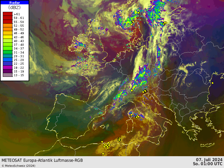Satelliten- und Radaranimation von heute Vormittag. Die gelben Punkte stellen Blitze dar. Quelle: MeteoSchweiz