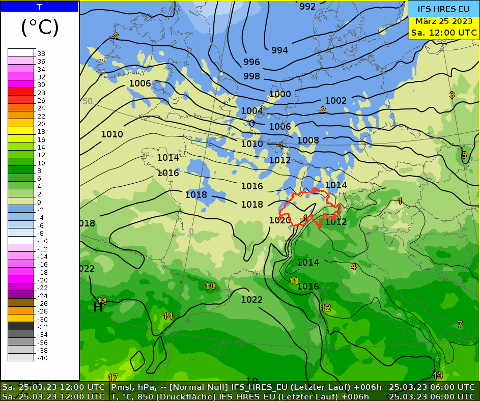 Animation der Temperatur auf 850hPa resp. etwa 1500 Metern in farbigen Flächen, zusammen mit den Isobaren des Luftdrucks am Boden in schwarzen Linien. 