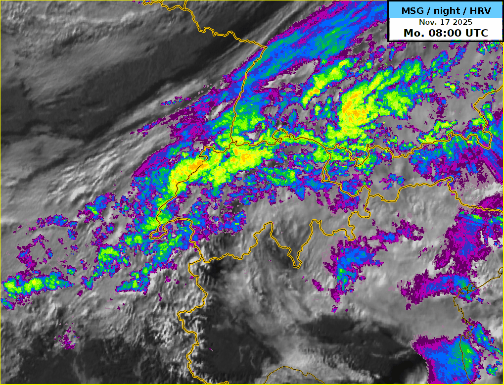 Animierte Bildsequenz von Satelliten- und Radarbildern des Kaltfrontdurchgangs. Während sich am Nachmittag die Wolken und Niederschläge an den Alpen stauen, sind am Nordrand der Schweiz und im Mittelland bereits erste Aufhellungen erkennbar.