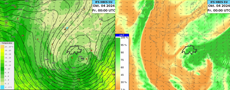 Modellfelder des IFS-Modells. Links Geopotential und Wind in 500 hPa sowie Temperatur in 850 hPa, rechts Feuchtigkeit in 700 hPa und Wind in 850 hPa. Erläuterungen dazu siehe Text.