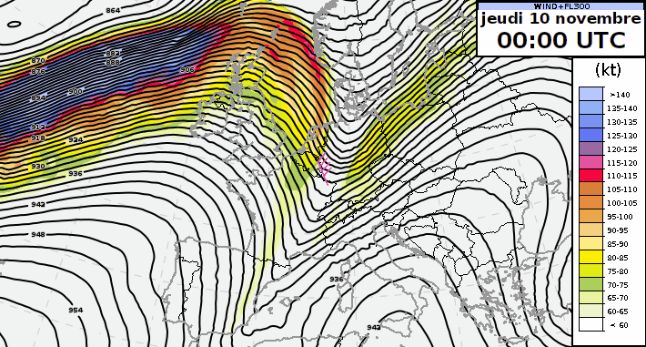 Animation des Geopotentials und der Windgeschwindigkeit auf 300 hPa (circa 9000 m) am Sonntag 10. November bis Donnerstag 12. November 2022, IFS-Modell.
