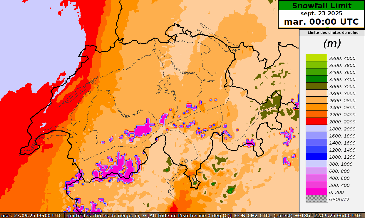 Animation der Schneefallgrenze von Dienstag, 23. bis Freitag, 26. September, prognostiziert vom Kontrolllauf des ICON-CH2 Wettermodells der MeteoSchweiz