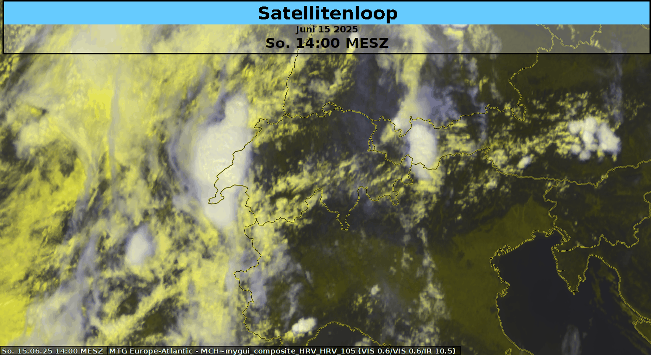 Satellitenfilm zeigt die Verlagerung der Gewitterzellen über dem Alpenraum von West nach Ost.