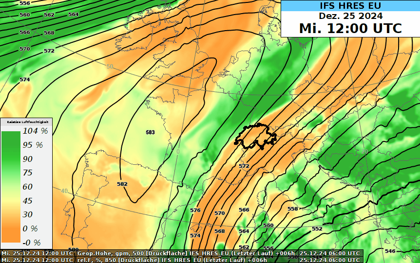 Animation der 500 hPa Fläche und der relativen Feuchtigkeit auf 850 hPa bis am 01.01.2025 0 UTC des IFS-Modells.
