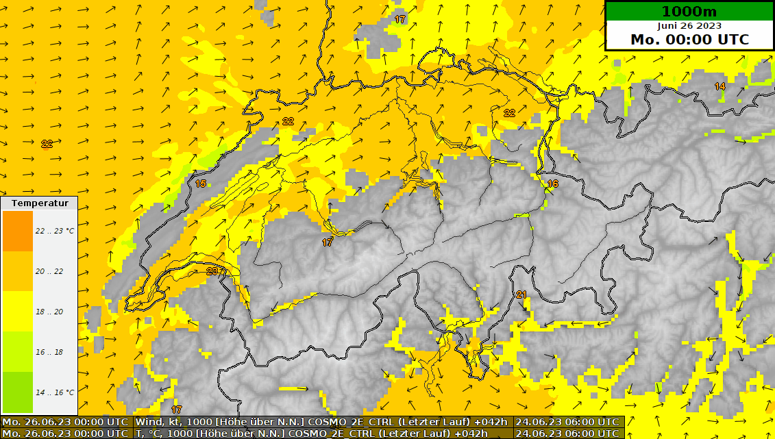 Animation der Temperatur (Farbflächen) und des Windes (Pfeile) auf einer Höhe von 1000 Metern für Montag, 26. Juni 2023 aus dem Prognosemodell COSMO-2E von MeteoSchweiz.