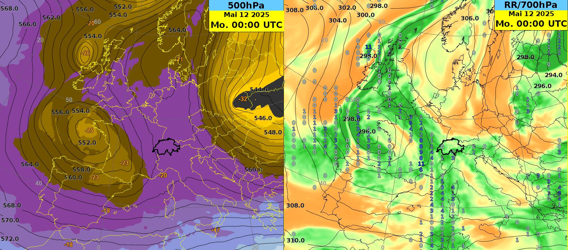 Animation des IFS Modells am Montag, 12.05.2025 auf 500 hPa mit Temperatur (links) und auf 700 hPa mit relativer Feuchtigkeit sowie 6h-Summe des Niederschlags (rechts). 