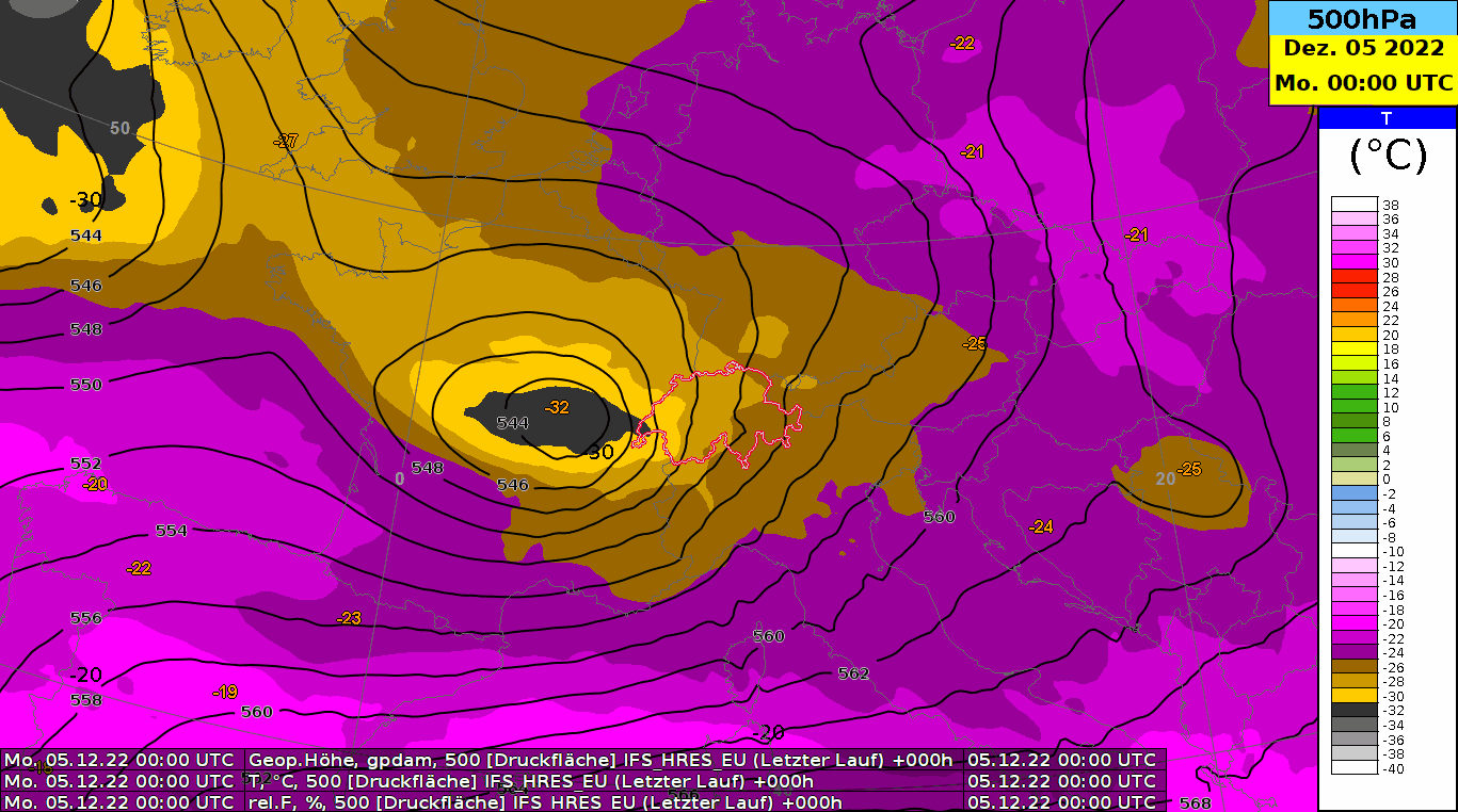 Animation der Höhenwetterkarte 500 hPa (ca. 5500 m) im Zeitraum von heute 00 UTC bis morgen Dienstag, 6. Dezember 2022, 6 UTC. Dargestellt ist das Geopotential (schwarze Linien) und die Temperatur (Farbflächen).