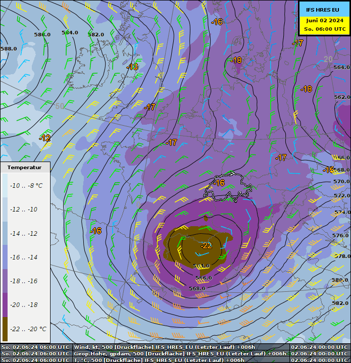 Animation des Geopotentials, Temperatur und Wind auf 500 hPa (ca. 5600 m) von Sonntag 06:00 UTC bis Dienstag 09:00 UTC.