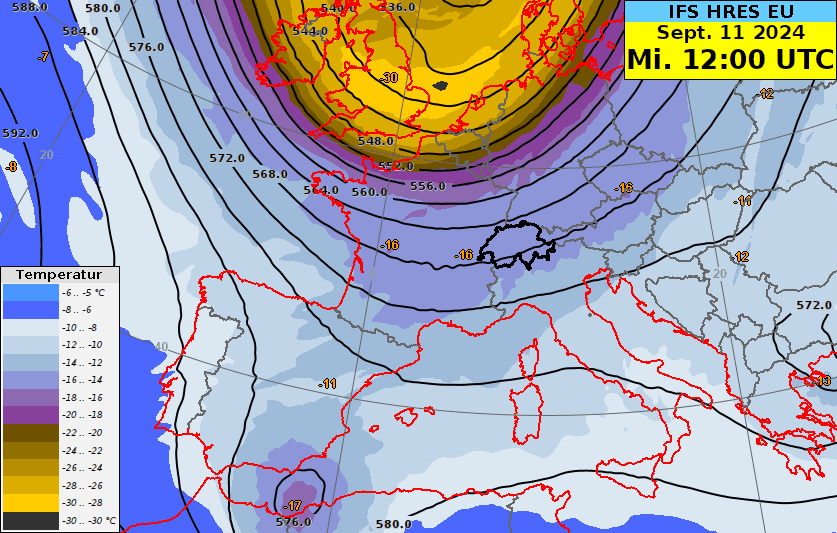   Animation des IFS-Modells (500 hPa Geopotential und Temperatur) vom 11.09.2024, 12 UTC bis am. 16.09.2024, 18 UTC.