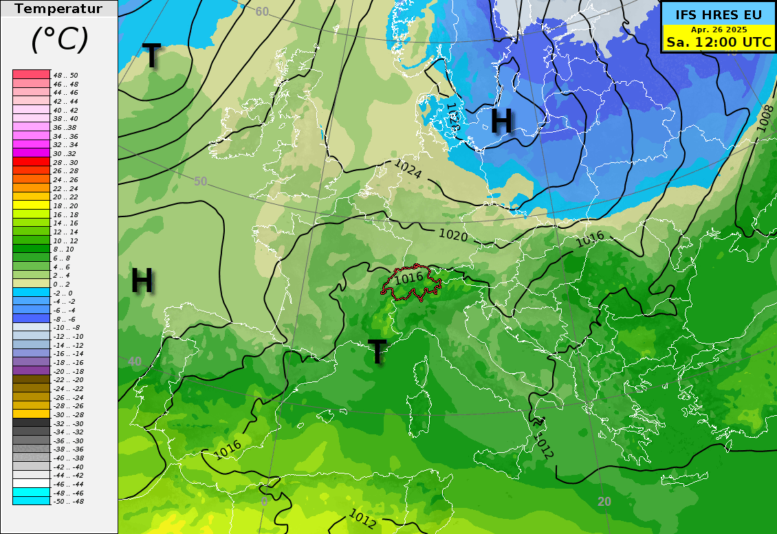 Vorhersage des Bodendrucks und der Lufttemperatur auf ca. 1500 m ü.M. zwischen heute Samstag 26.4. und nächsten Donnerstag, 1. Mai 2025.