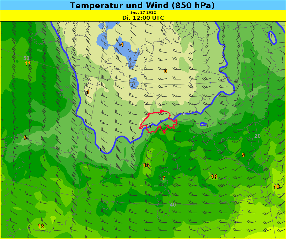 Animation von Temperatur und Wind auf etwa 1400 m ü. M. (Daten des europäischen IFS Models). Die blaue Linie markiert die 4 Grad-Isotherme und zeigt näherungsweise die Position der Luftmassengrenze.
