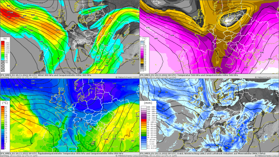 Wettervorhersage nach dem europäischen IFS-Modell in 6-Stunden-Schritten bis am Mittwoch, 23.11.2022. Links oben eingefärbt die steuernden Starkwindbänder in etwa 9 Kilometer Höhe, rechts oben die Temperaturverteilung in der mittleren Troposphäre in etwa 5.5 Kilometer Höhe (in Pink relativ warm, in Grau relativ kalt), links unten die Verteilung der Luftmasse (in Blau kalt, in Orange warm), rechts unten die 6-stündige Niederschlagssumme.