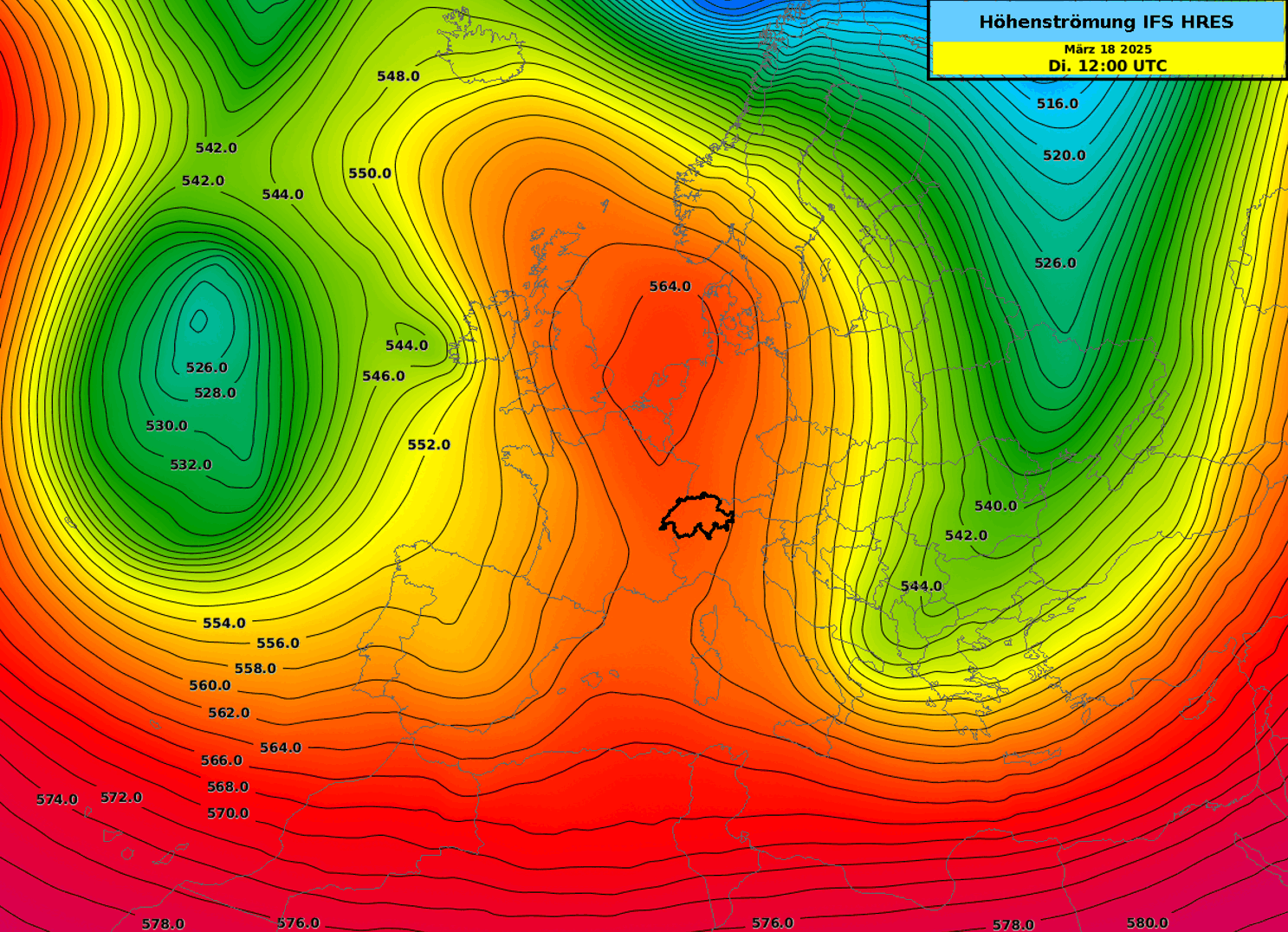 Höhenströmung über Europa am Dienstag, 18.03.2025 mit einem typischen Omegahoch. Quelle: MeteoSchweiz, ECMWF/IFS