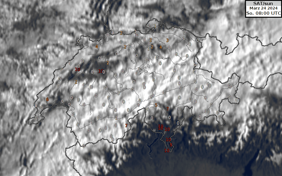 Animation des HRV-Satellitenbildes zwischen 8 und 13 UTC. Die Zahlen zeigen die Sonnenscheindauer der letzten 10 Minuten (10=10 Minuten Sonne, 0=0 Minuten Sonne). Im Laufe des Vormittags gab es im Flachland längere sonnige Abschnitte. Mit der kräftigen nordwestlichen Strömung wurde die Bewölkung teils auch über die Alpen in den Süden verfrachtet.