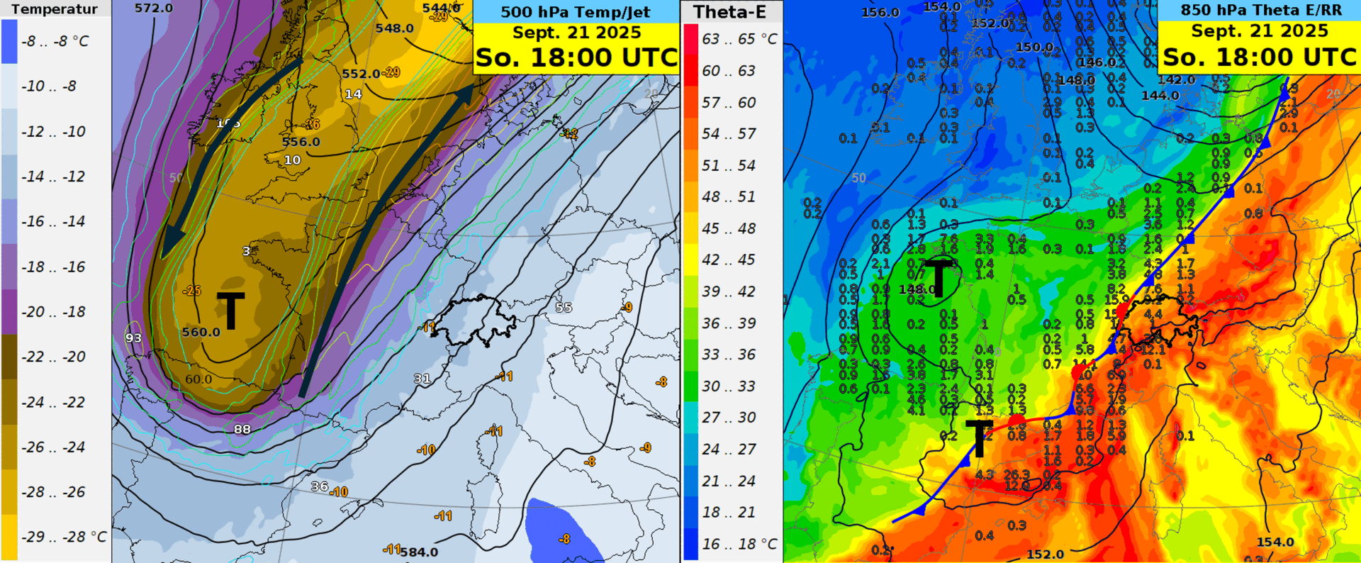 Synoptische Situation dargestellt durch das IFS-Modell von Sonntag- bis Montagabend. Links 500 hPa Geopotential mit Temperatur und Jetstream auf 300 hPa (schwarze Pfeile), rechts 850 hPa mit Theta-E, 3h-Niederschlag.